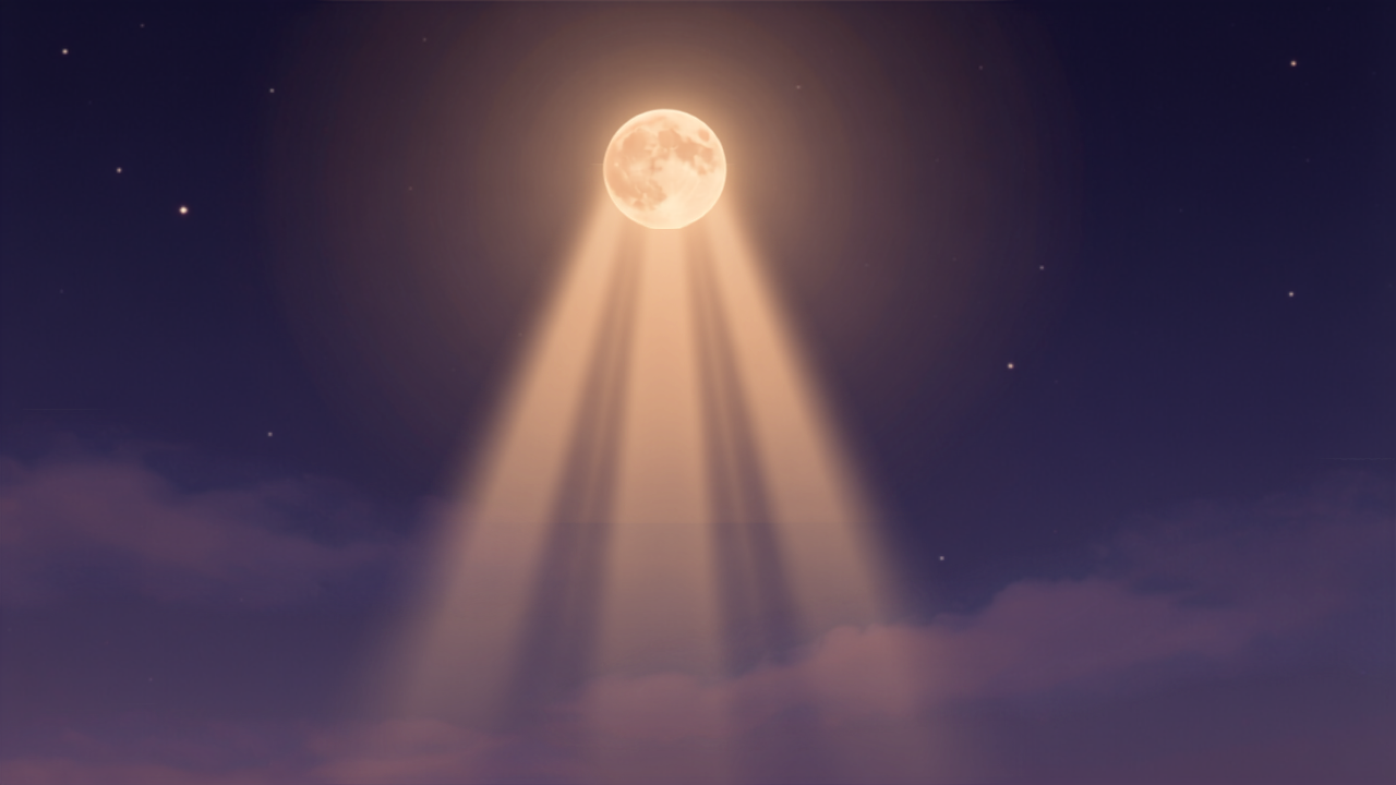 Um unico raio dourado e branco descendo suavemente de uma fonte celestial luminosa em um ceu noturno violeta, simbolizando o Raio Pessoal de Jesus, o Cristo