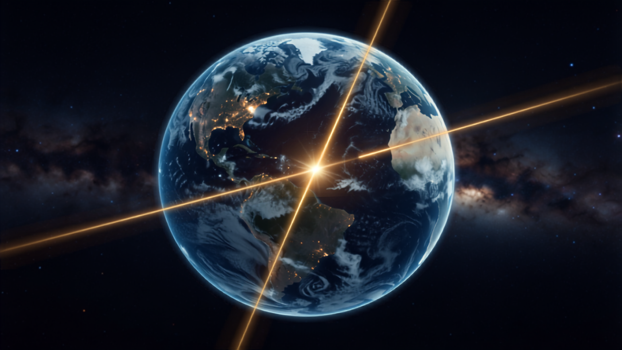 Planeta Terra translucido no espaco com dois raios luminosos dourados atravessando seu nucleo e se cruzando no centro, formando um ponto radiante de energia concentrada, simbolizando os Raios que passam através do globo terrestre