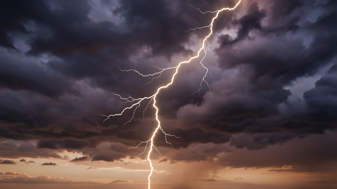 Relâmpago dourado rompendo nuvens escuras de tempestade, símbolo da Presença dissolvendo a aparente ameaça