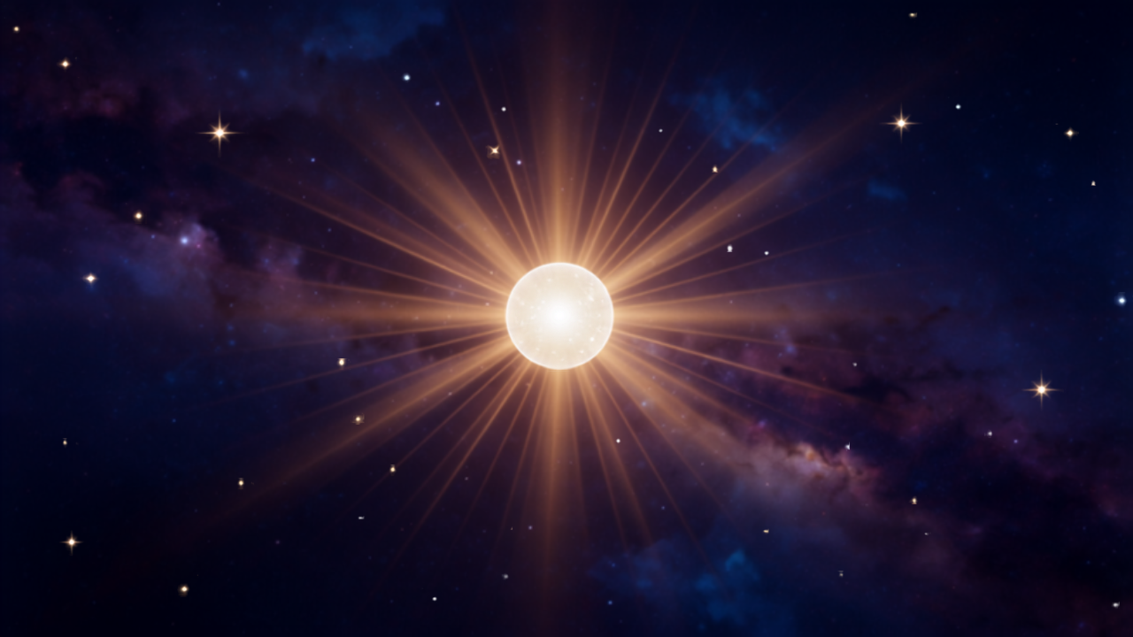 Orbe autoluminoso de luz branca e dourada flutuando no espaço cósmico irradiando seu próprio brilho suave em todas as direções, simbolizando a transformação em Seres Autoluminosos pelo uso da Presença EU SOU