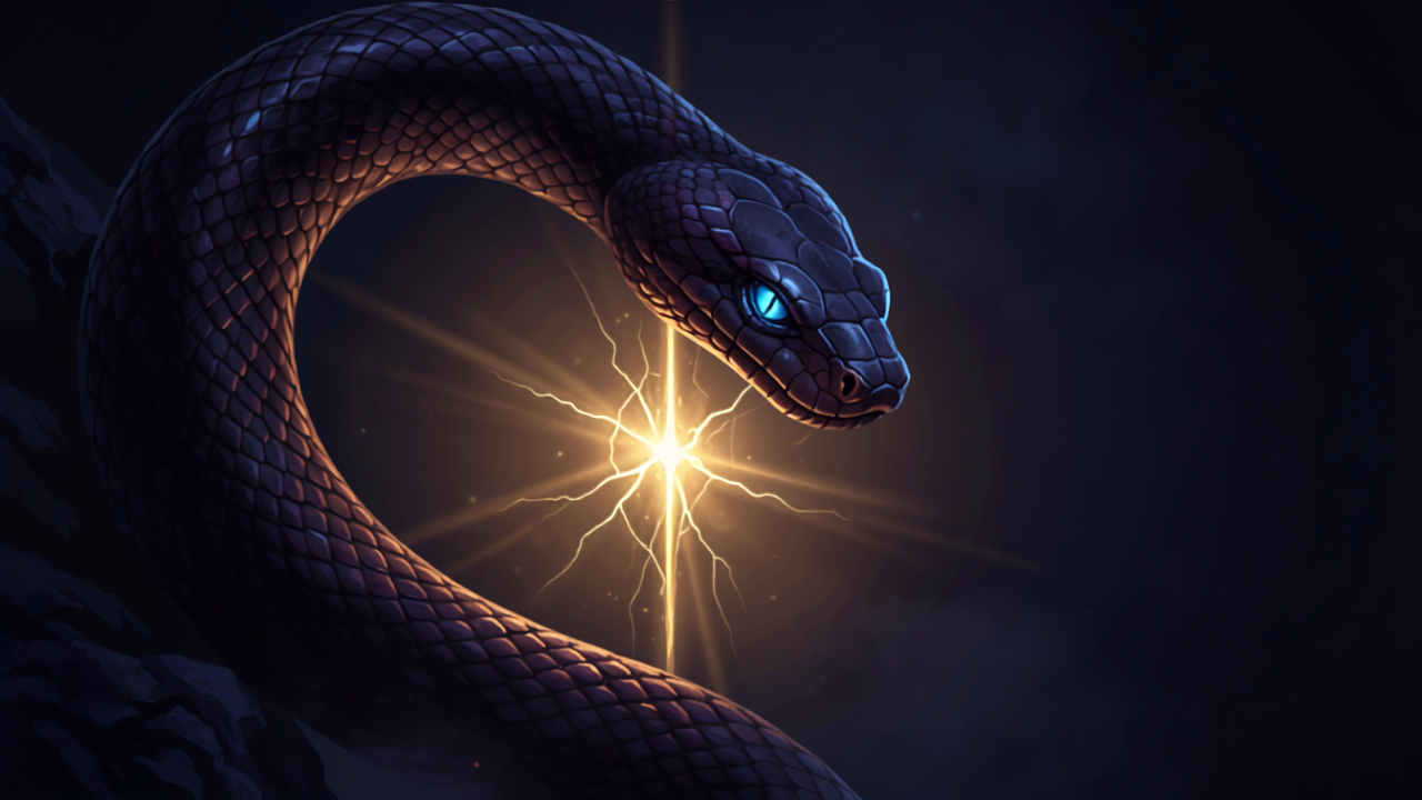 Serpente escura enrolada nas sombras com olhos venenosos brilhantes, repelida por uma barreira de luz dourada protetora, simbolizando fugir da astrologia como de uma serpente venenosa