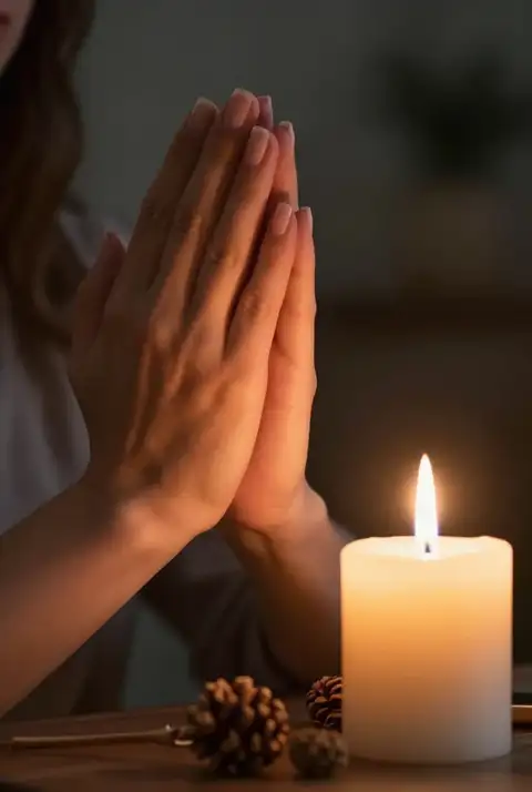 Maos em oracao junto a uma vela acesa, devocao a Nossa Senhora Aparecida