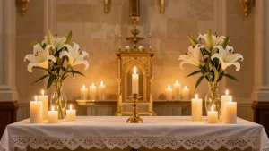 Altar com velas e lírios brancos: oração de São Judas Tadeu pelas causas difíceis