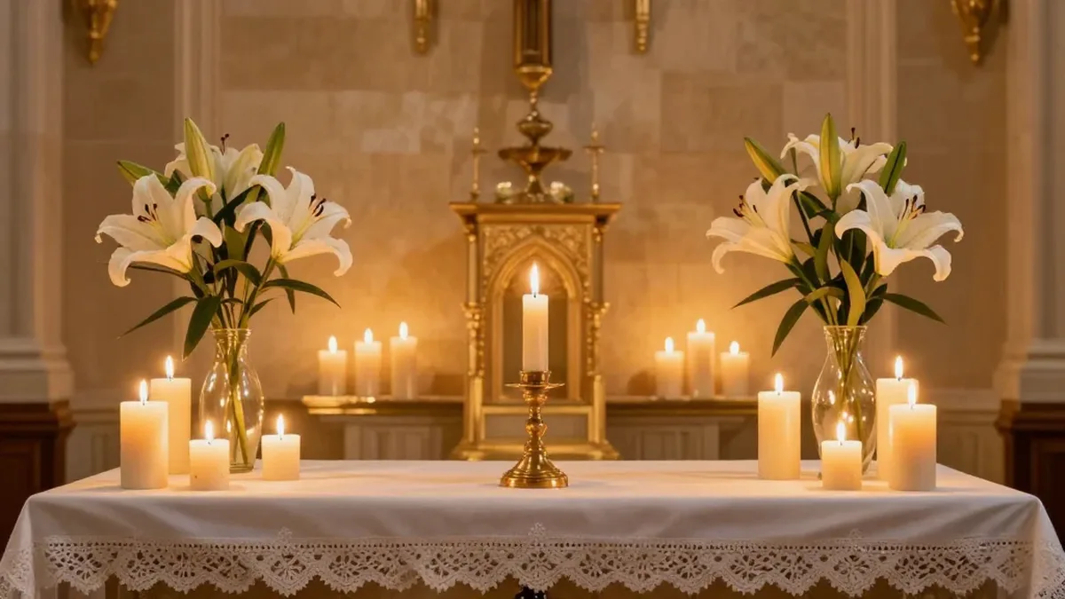 Altar com velas e lírios brancos: oração de São Judas Tadeu pelas causas difíceis