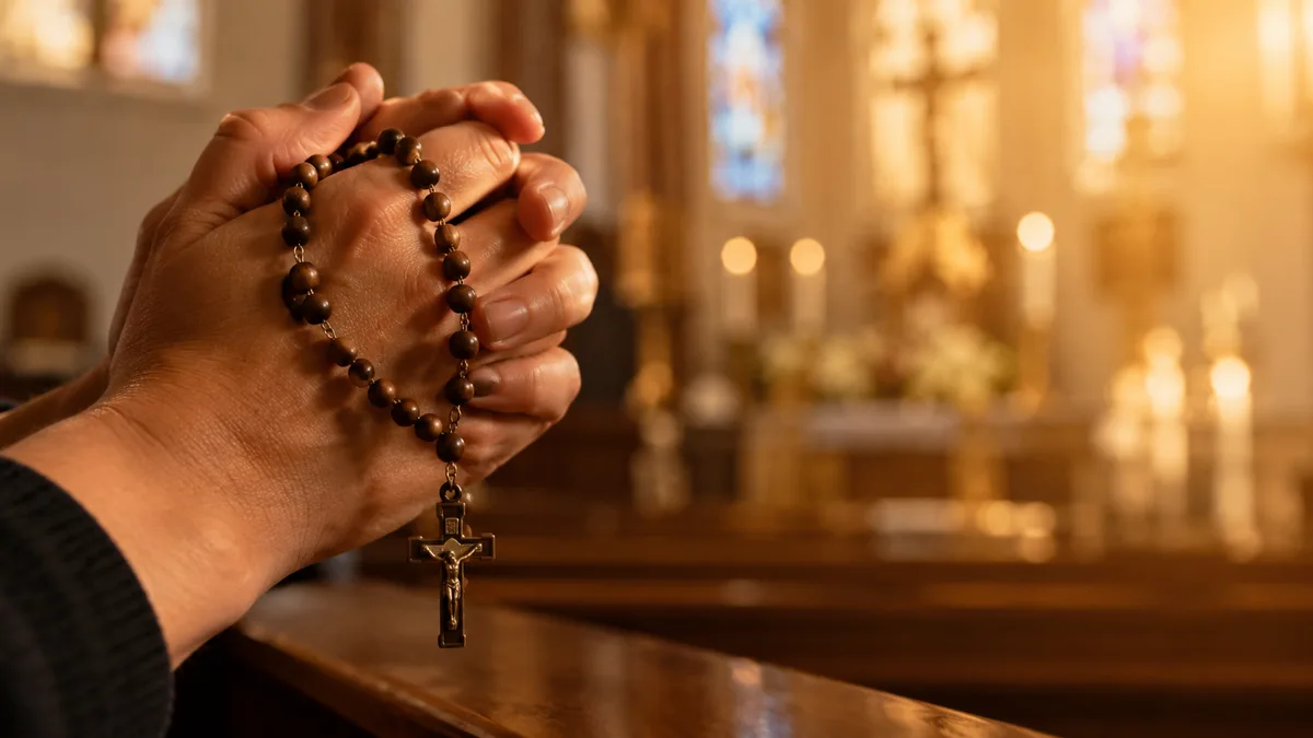 Mãos em oração segurando um terço diante de uma igreja iluminada