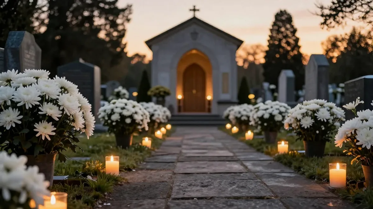 Capela de cemitério ao entardecer com flores brancas e velas: oração pelos falecidos
