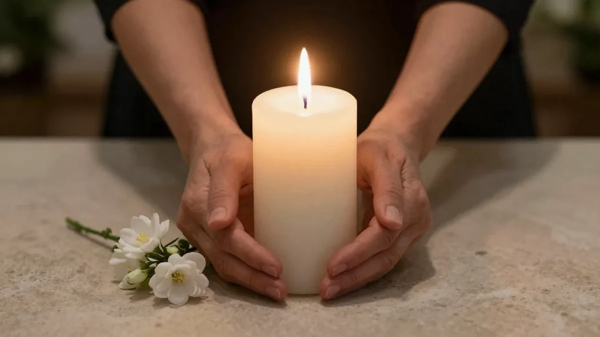 Mãos protegendo uma vela acesa ao lado de flores brancas em homenagem aos falecidos
