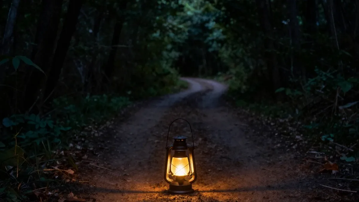 Lanterna acesa em uma trilha escura na floresta, luz na escuridão do Salmo 27
