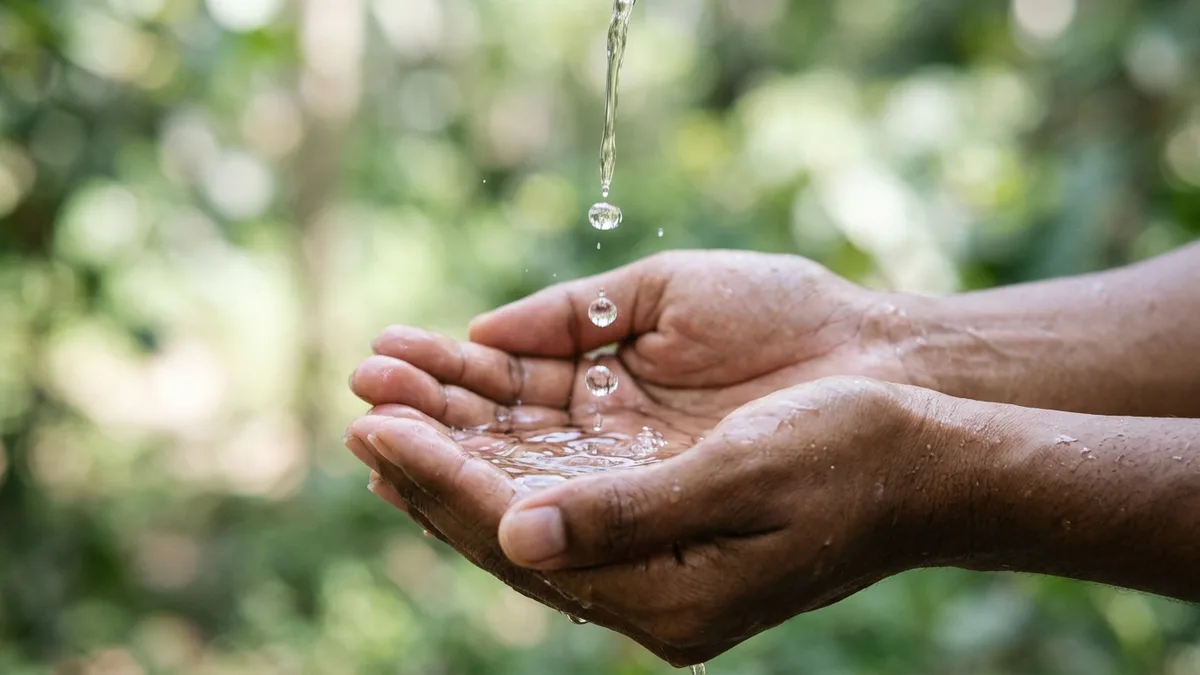 Gotas de água limpa caindo em mãos em concha, símbolo de purificação do Salmo 51